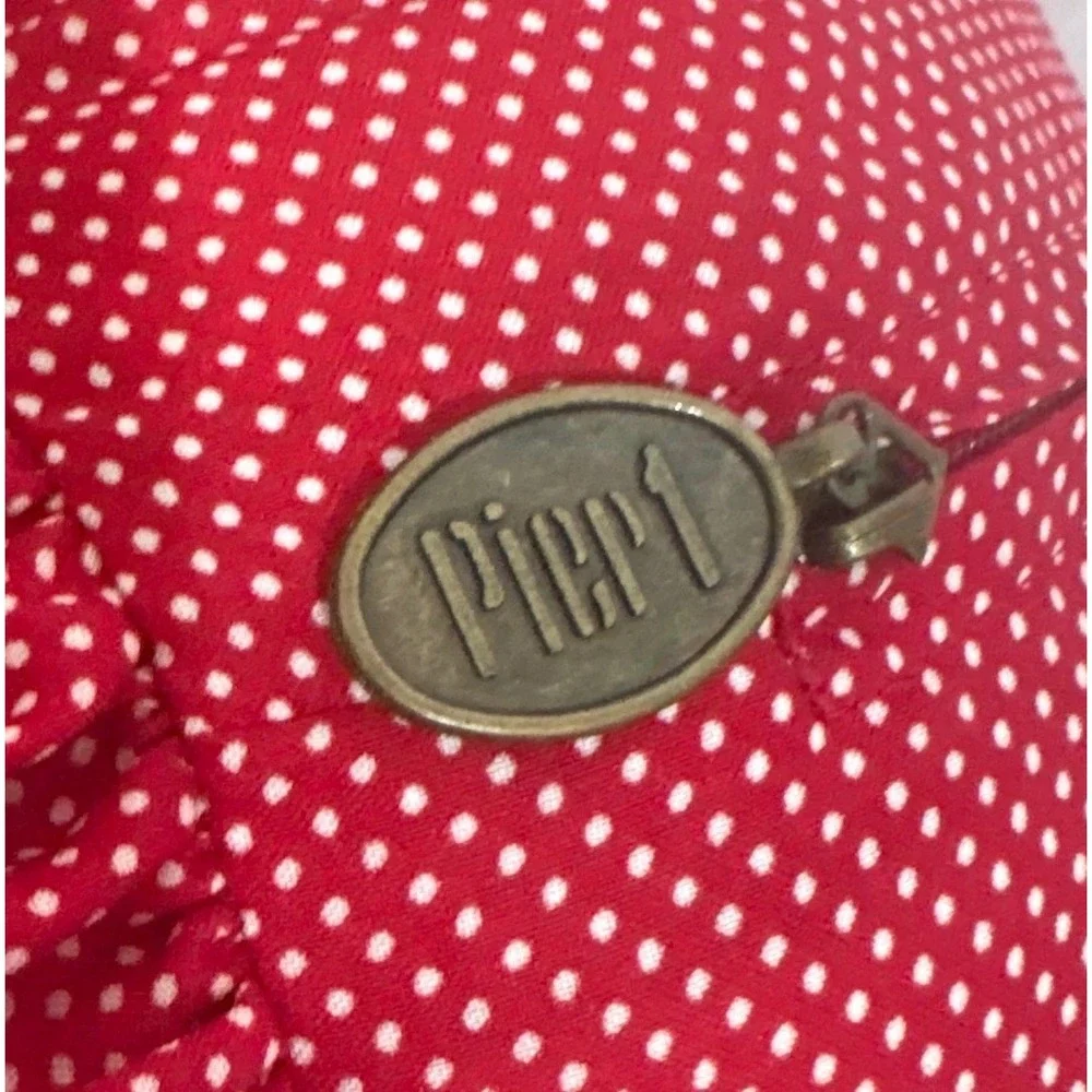 VTG Pier 1 Imports Round Boho Embroidered Ruffle Throw Pillow Red Polka Dot 16